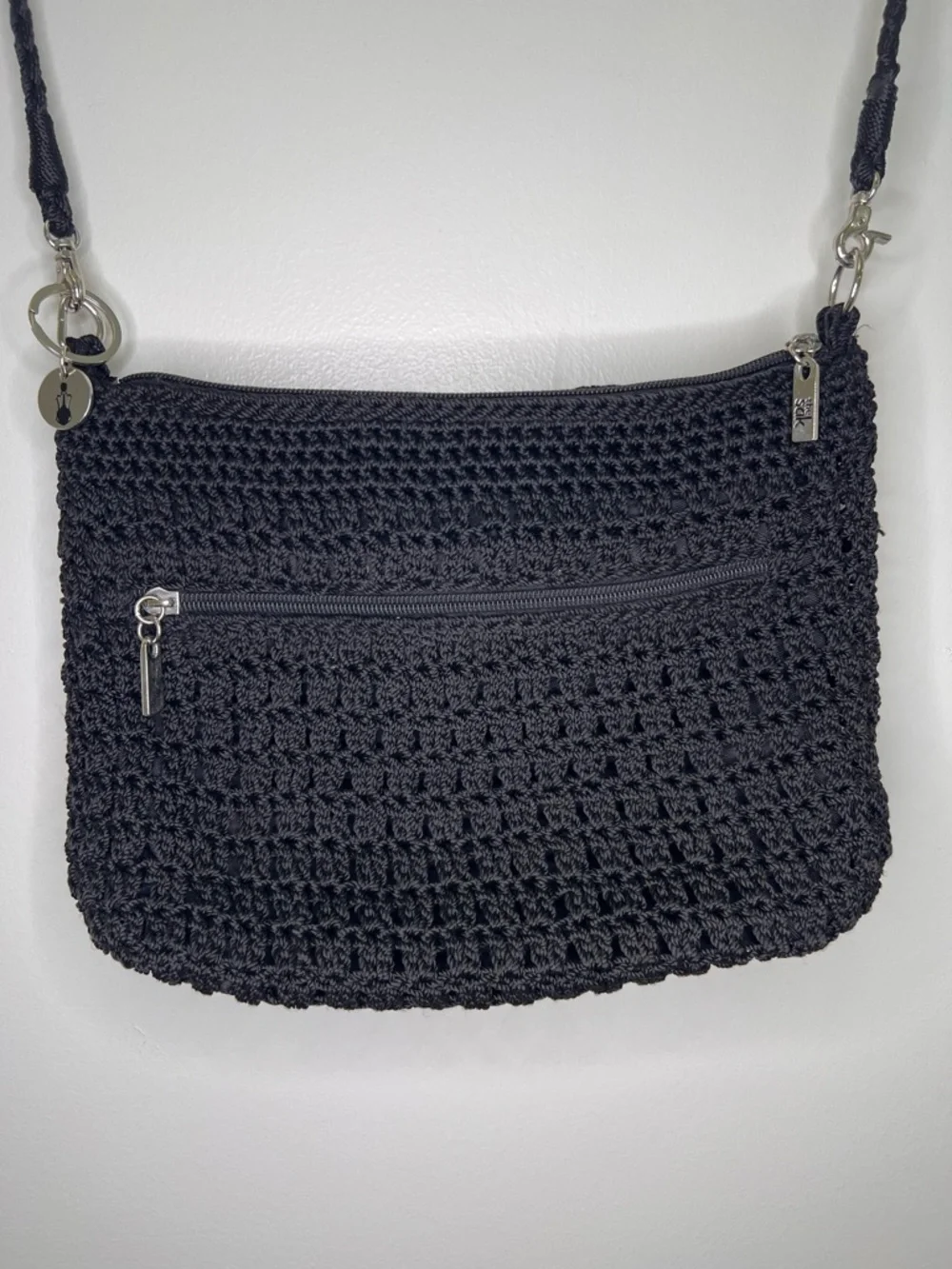 The Sak Black Crochet Shoulder Bag Boho Knit Purse Zip Pocket